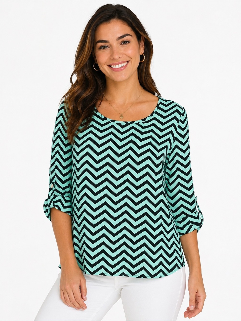 Mint Chevron Chiffon Blouse 3/4 Roll Tab Sleeve Top Size Medium